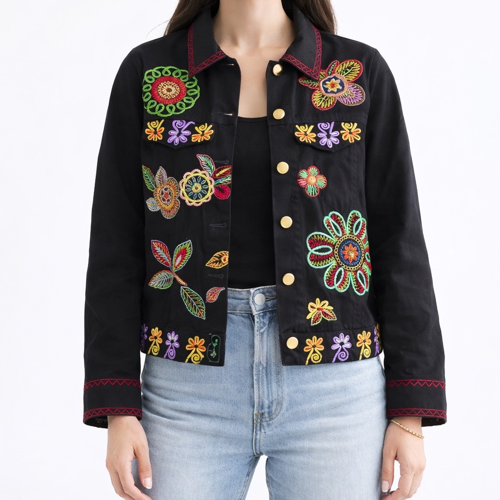 BEREK Black Embroidered Floral Beaded Jacket Button Front XL (22”x23”)